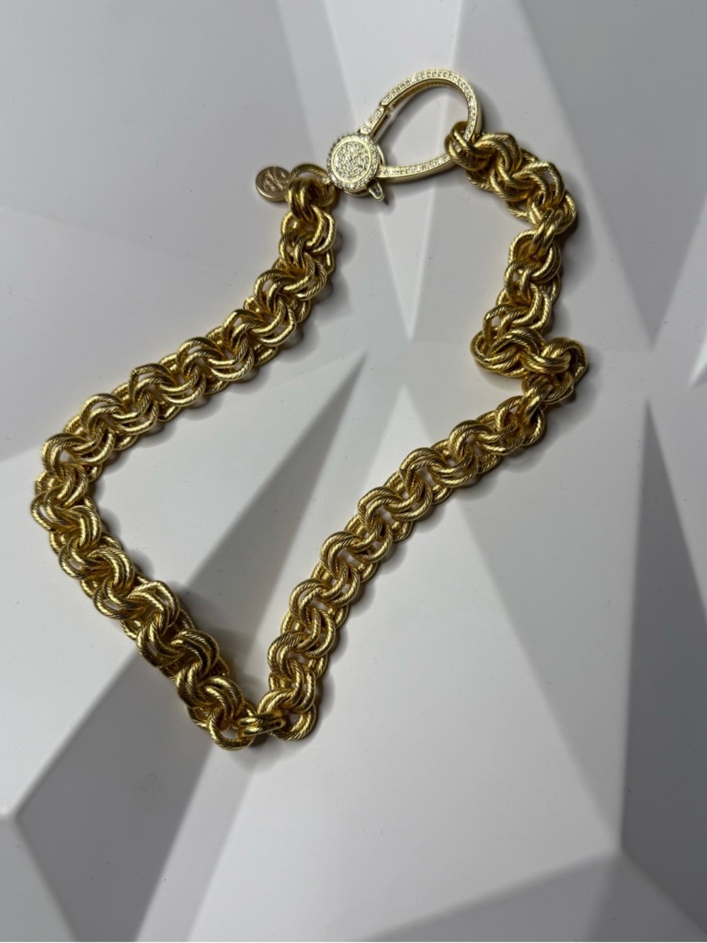 NWOT Karli Buxton Double Link Gold Rolo Chain Necklace Pave Crystal Clasp